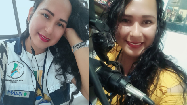 Fotografías de Hillary Jency Vanegas Meléndez. En un mismo recuadro se encuentran dos fotografías: a la izquierda, Hillary mira sonriente vestida con un chaleco del Consejo Territorial de Paz, Reconciliación, Convivencia y Derechos Humanos de Belén de los Andaquíes, Caquetá. A la derecha, Hillary sonríe ante la cámara desde el interior de un estudio radial.