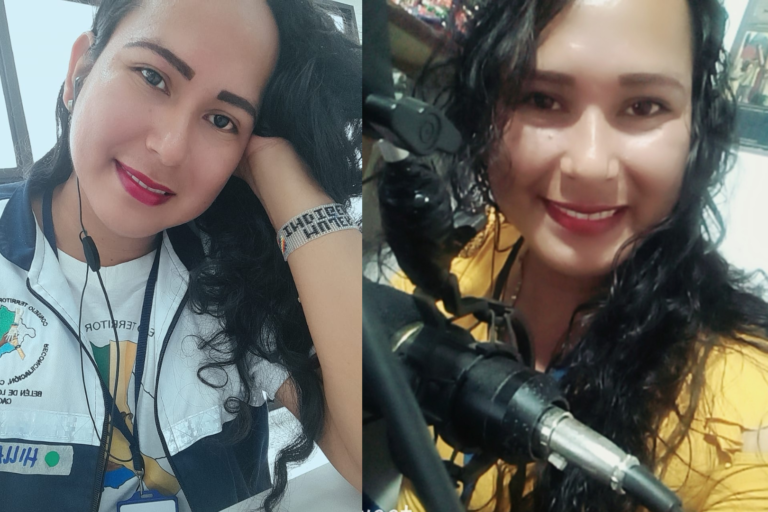 Fotografías de Hillary Jency Vanegas Meléndez. En un mismo recuadro se encuentran dos fotografías: a la izquierda, Hillary mira sonriente vestida con un chaleco del Consejo Territorial de Paz, Reconciliación, Convivencia y Derechos Humanos de Belén de los Andaquíes, Caquetá. A la derecha, Hillary sonríe ante la cámara desde el interior de un estudio radial.