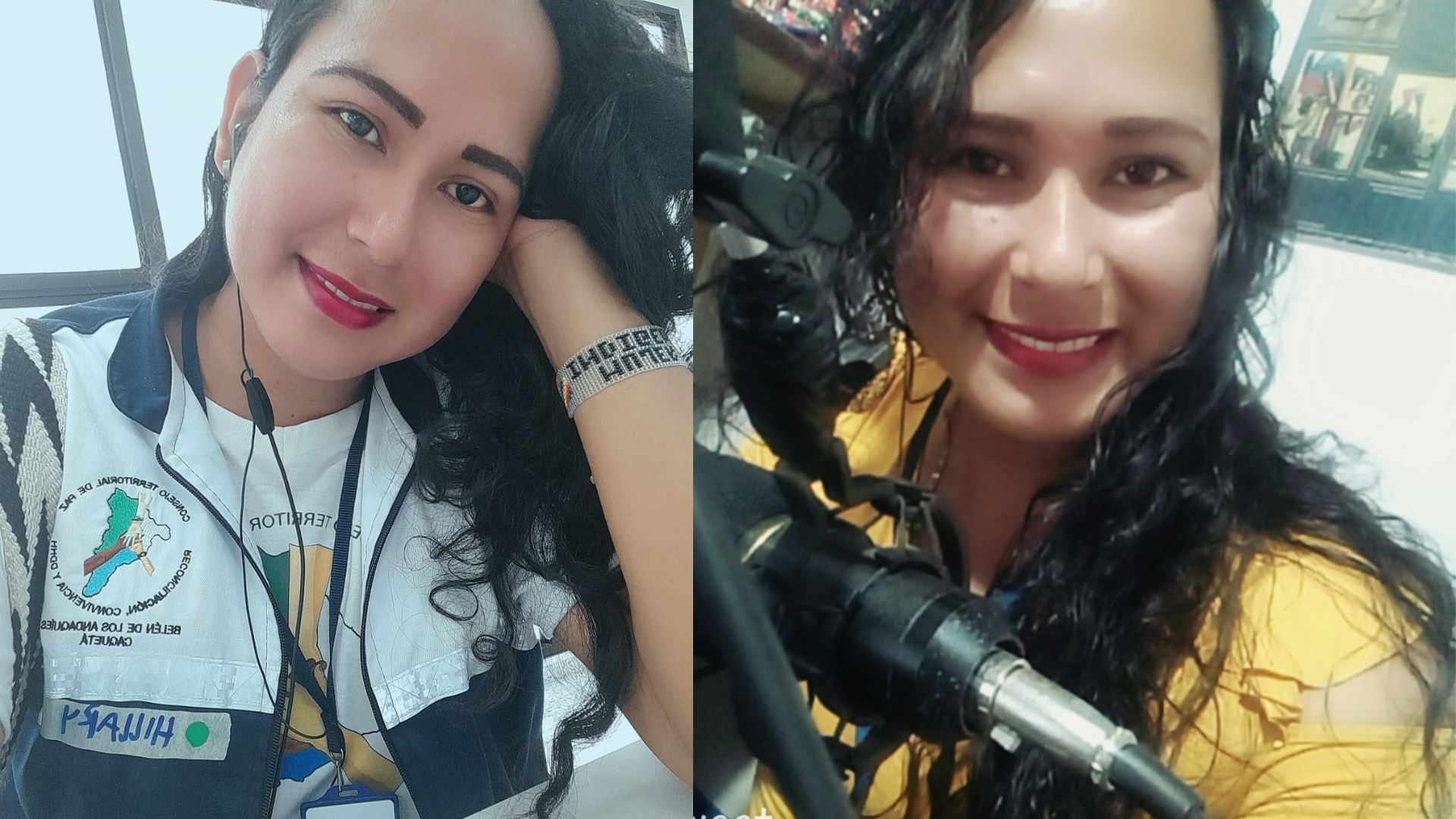 Fotografías de Hillary Jency Vanegas Meléndez. En un mismo recuadro se encuentran dos fotografías: a la izquierda, Hillary mira sonriente vestida con un chaleco del Consejo Territorial de Paz, Reconciliación, Convivencia y Derechos Humanos de Belén de los Andaquíes, Caquetá. A la derecha, Hillary sonríe ante la cámara desde el interior de un estudio radial.